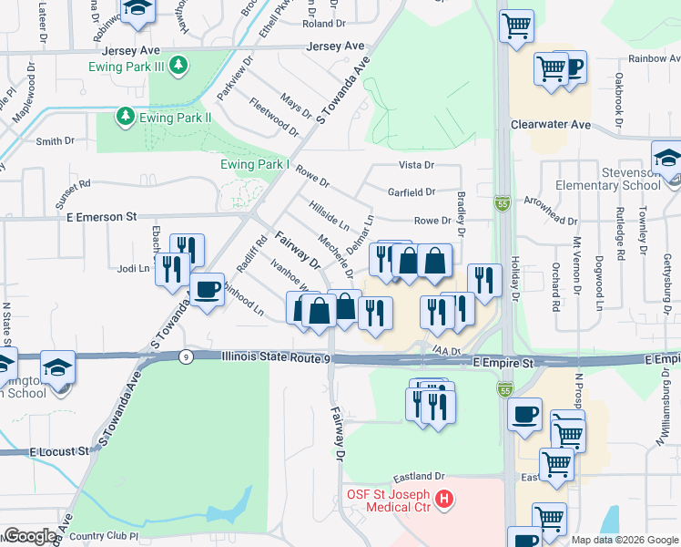 map of restaurants, bars, coffee shops, grocery stores, and more near 307 Mecherle Drive in Bloomington