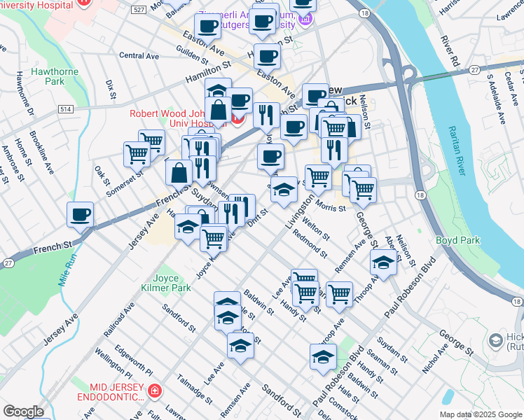map of restaurants, bars, coffee shops, grocery stores, and more near 47 Drift Street in New Brunswick