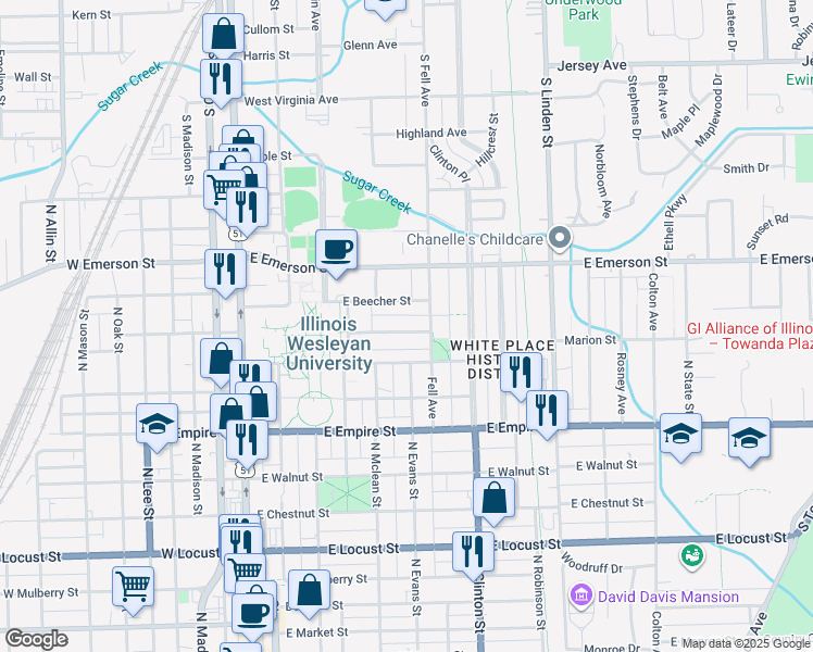 map of restaurants, bars, coffee shops, grocery stores, and more near 416 Phoenix Avenue in Bloomington