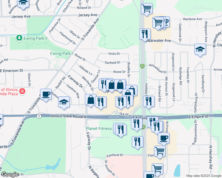 map of restaurants, bars, coffee shops, grocery stores, and more near 317 Riley Drive in Bloomington
