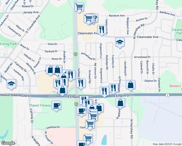 map of restaurants, bars, coffee shops, grocery stores, and more near 1223 Orchard Road in Bloomington