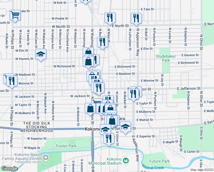 map of restaurants, bars, coffee shops, grocery stores, and more near 611 North Main Street in Kokomo