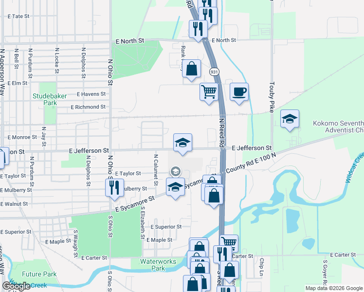 map of restaurants, bars, coffee shops, grocery stores, and more near 1507 East Jefferson Street in Kokomo