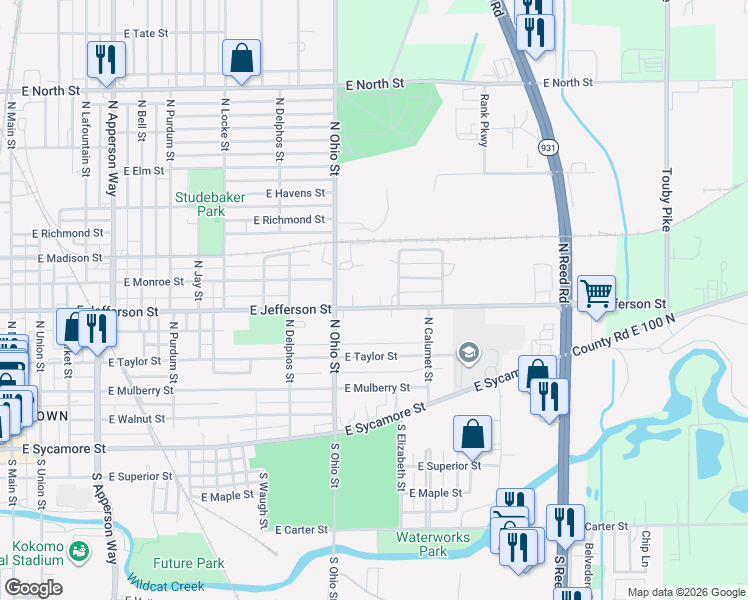 map of restaurants, bars, coffee shops, grocery stores, and more near 1239-1261 East Jefferson Street in Kokomo