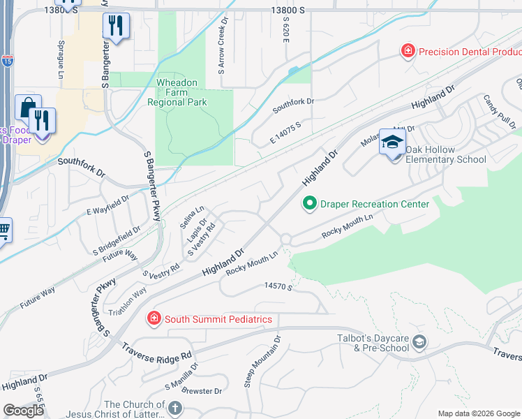 map of restaurants, bars, coffee shops, grocery stores, and more near 14301 Elsbrook Circle in Draper