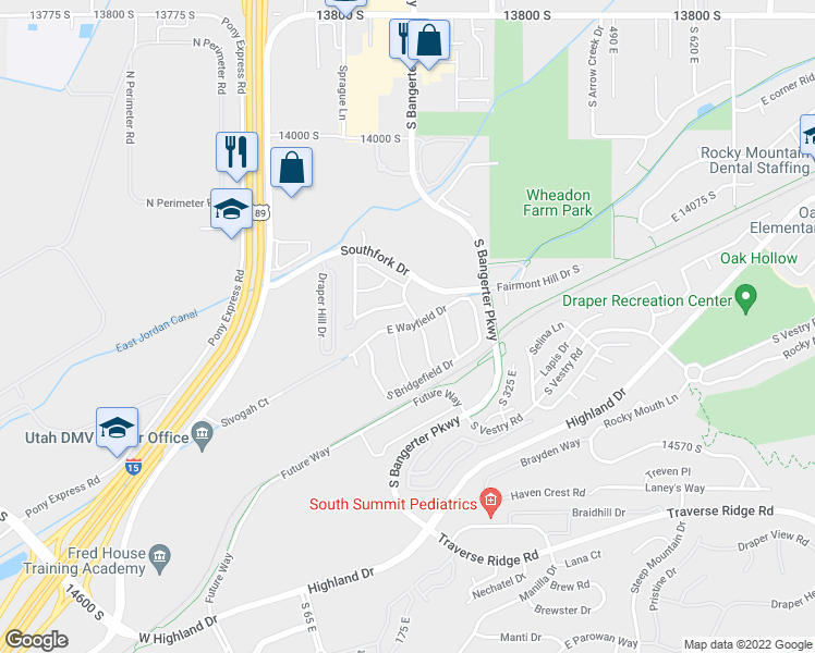 map of restaurants, bars, coffee shops, grocery stores, and more near 198 East Wayfield Drive in Draper