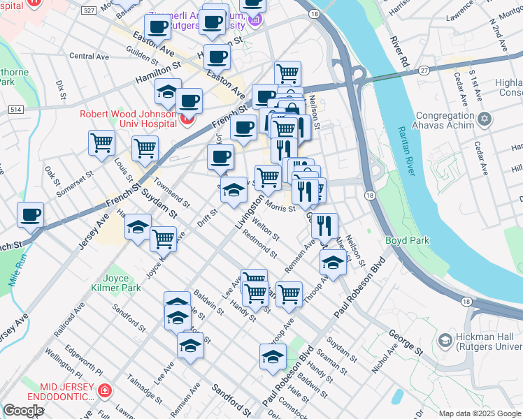 map of restaurants, bars, coffee shops, grocery stores, and more near 70 Morris Street in New Brunswick