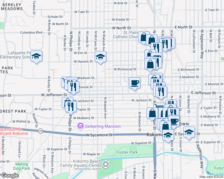 map of restaurants, bars, coffee shops, grocery stores, and more near 814 West Jefferson Street in Kokomo