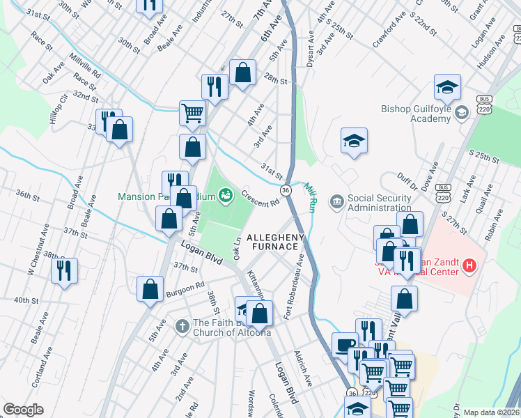 map of restaurants, bars, coffee shops, grocery stores, and more near 3409 Oak Ln in Altoona