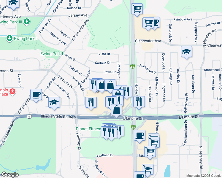map of restaurants, bars, coffee shops, grocery stores, and more near 331 Riley Drive in Bloomington