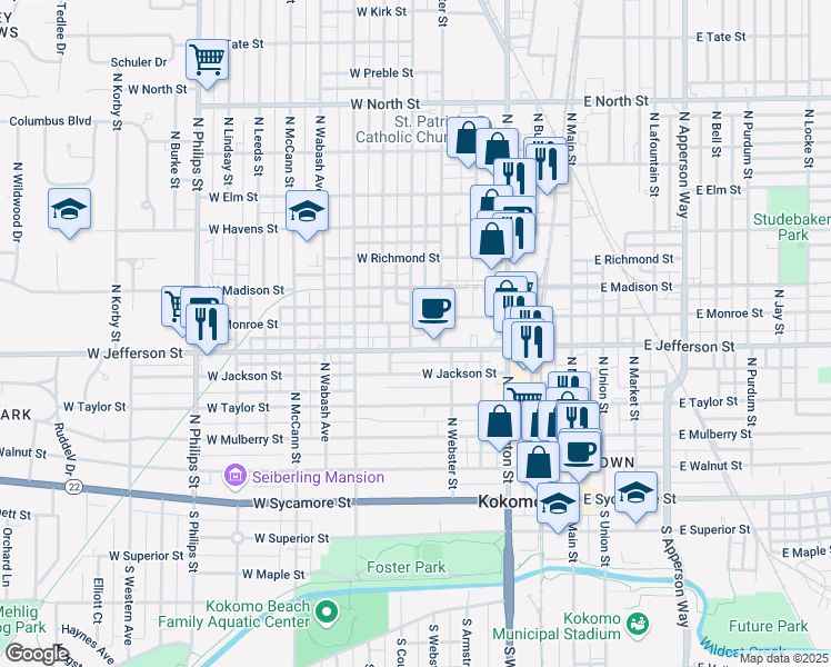 map of restaurants, bars, coffee shops, grocery stores, and more near 610 North Courtland Avenue in Kokomo
