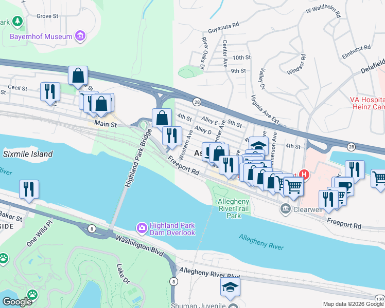 map of restaurants, bars, coffee shops, grocery stores, and more near 118 1st Street in Aspinwall