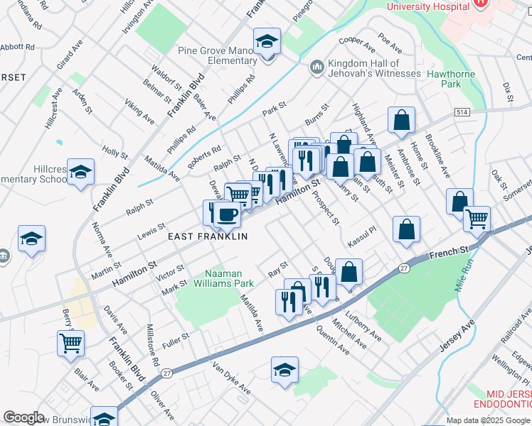 map of restaurants, bars, coffee shops, grocery stores, and more near 700 Hamilton Street in Franklin Township
