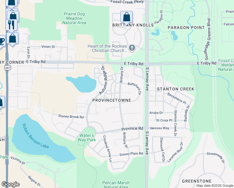 map of restaurants, bars, coffee shops, grocery stores, and more near 6820 Colony Hills Lane in Fort Collins