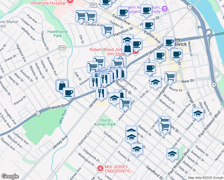 map of restaurants, bars, coffee shops, grocery stores, and more near 349 Handy Street in New Brunswick