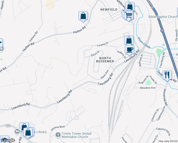 map of restaurants, bars, coffee shops, grocery stores, and more near 1565 Nash Avenue in Pittsburgh