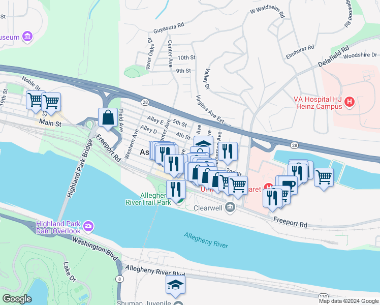 map of restaurants, bars, coffee shops, grocery stores, and more near 315 2nd Street in Aspinwall