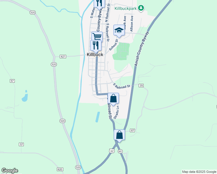 map of restaurants, bars, coffee shops, grocery stores, and more near 366 South Railroad Street in Killbuck