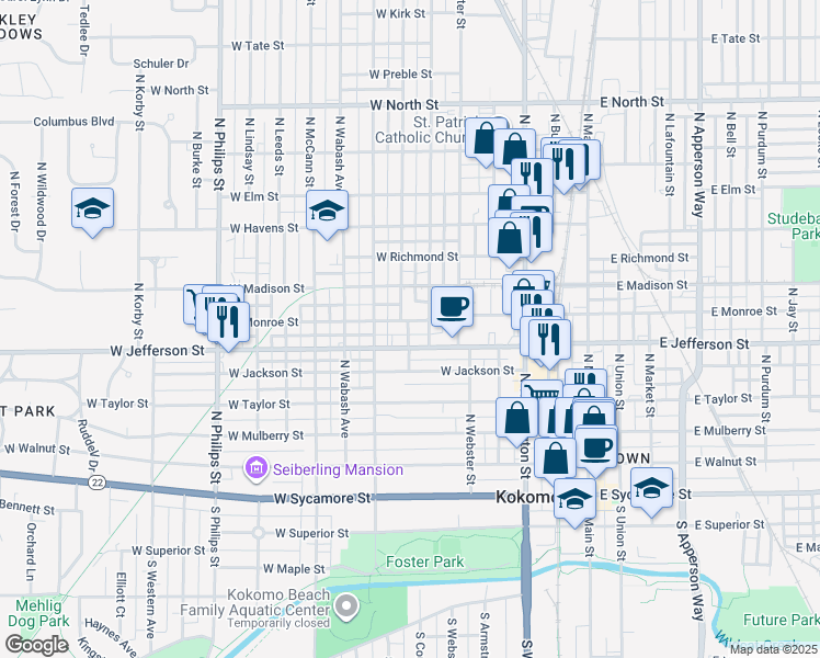 map of restaurants, bars, coffee shops, grocery stores, and more near 600 West Jefferson Street in Kokomo