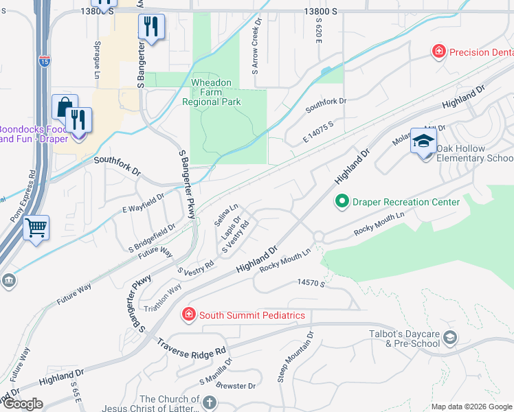 map of restaurants, bars, coffee shops, grocery stores, and more near 14301 Elsbrook Circle in Draper