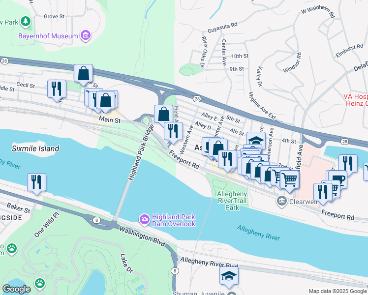 map of restaurants, bars, coffee shops, grocery stores, and more near 100 Western Avenue in Pittsburgh