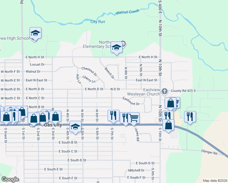 map of restaurants, bars, coffee shops, grocery stores, and more near 717 Eastmont Drive in Gas City