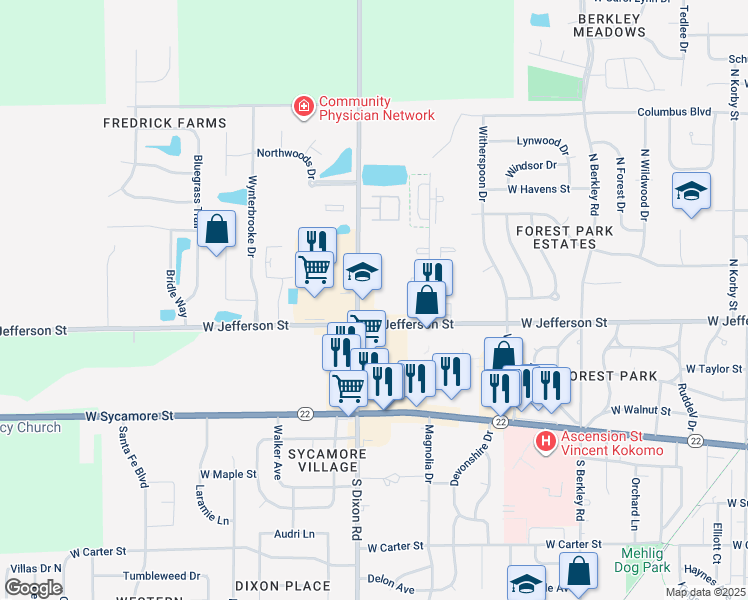 map of restaurants, bars, coffee shops, grocery stores, and more near 2326 West Jefferson Street in Kokomo