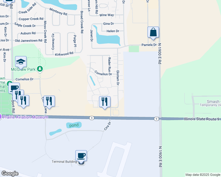 map of restaurants, bars, coffee shops, grocery stores, and more near 1024 Ibis Drive in Bloomington