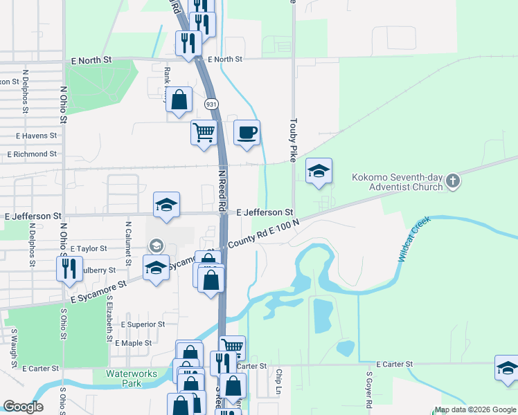 map of restaurants, bars, coffee shops, grocery stores, and more near 1817 East Jefferson Street in Kokomo