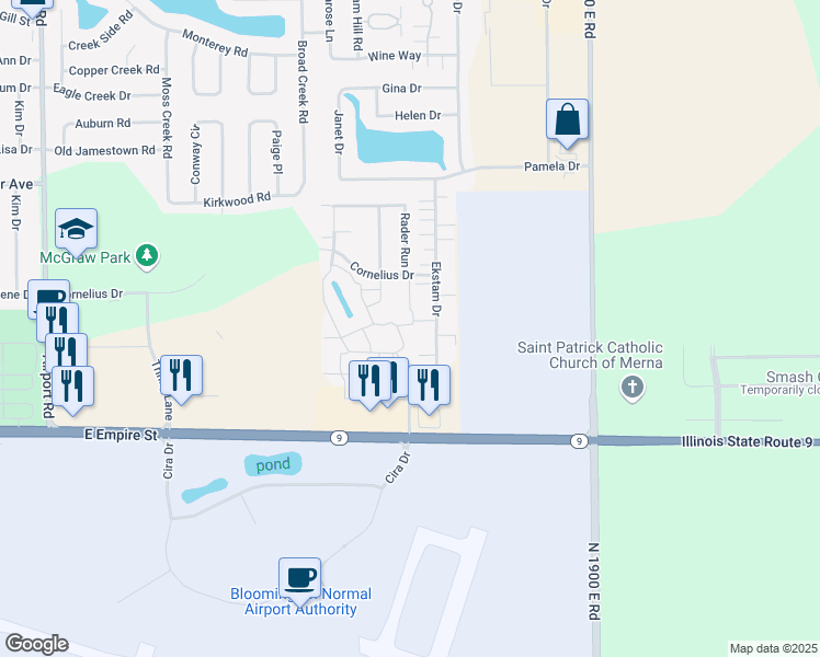 map of restaurants, bars, coffee shops, grocery stores, and more near 1024 Ibis Drive in Bloomington