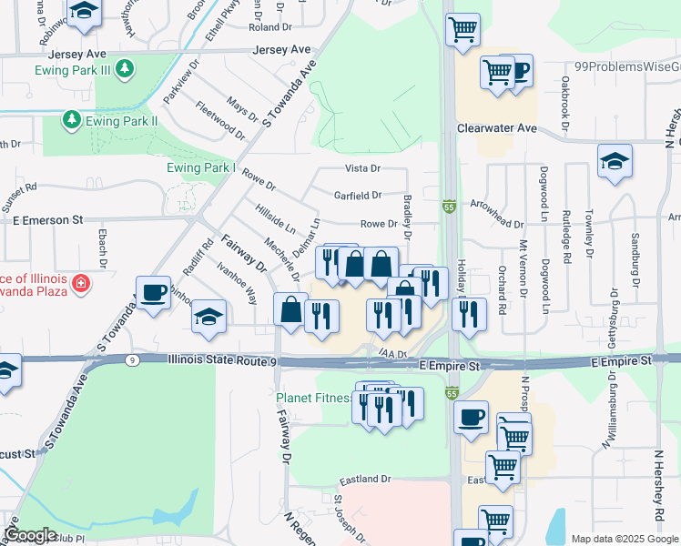 map of restaurants, bars, coffee shops, grocery stores, and more near 313 Riley Drive in Bloomington