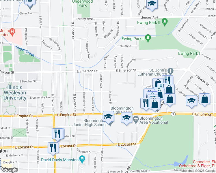 map of restaurants, bars, coffee shops, grocery stores, and more near 1208 North State Street in Bloomington
