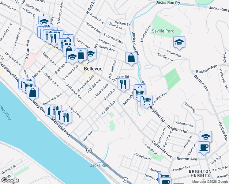 map of restaurants, bars, coffee shops, grocery stores, and more near 21 Grant Avenue in Bellevue