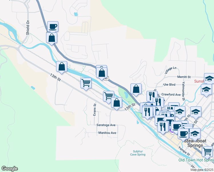 map of restaurants, bars, coffee shops, grocery stores, and more near 1319 Dream Island Plaza in Steamboat Springs
