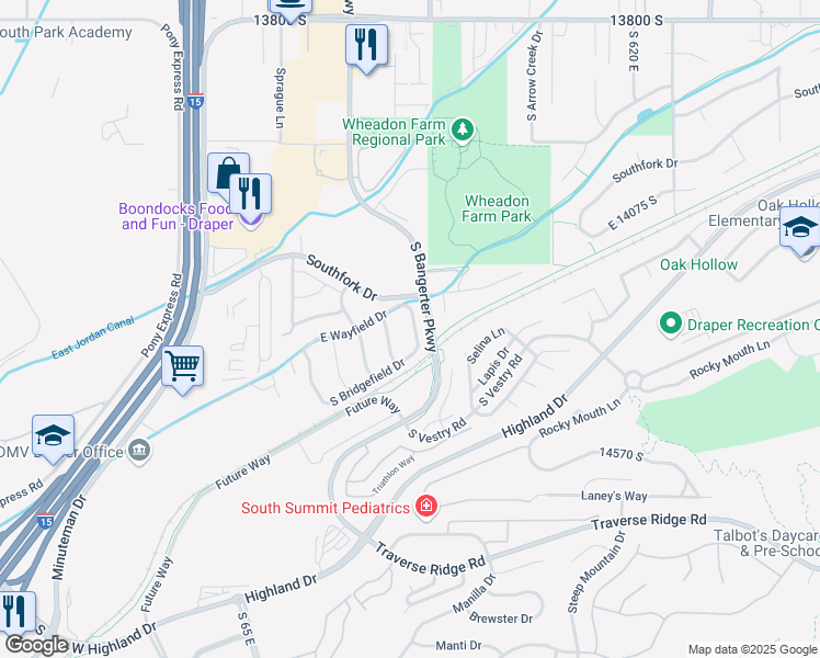 map of restaurants, bars, coffee shops, grocery stores, and more near 14296 Wayfield Drive in Draper