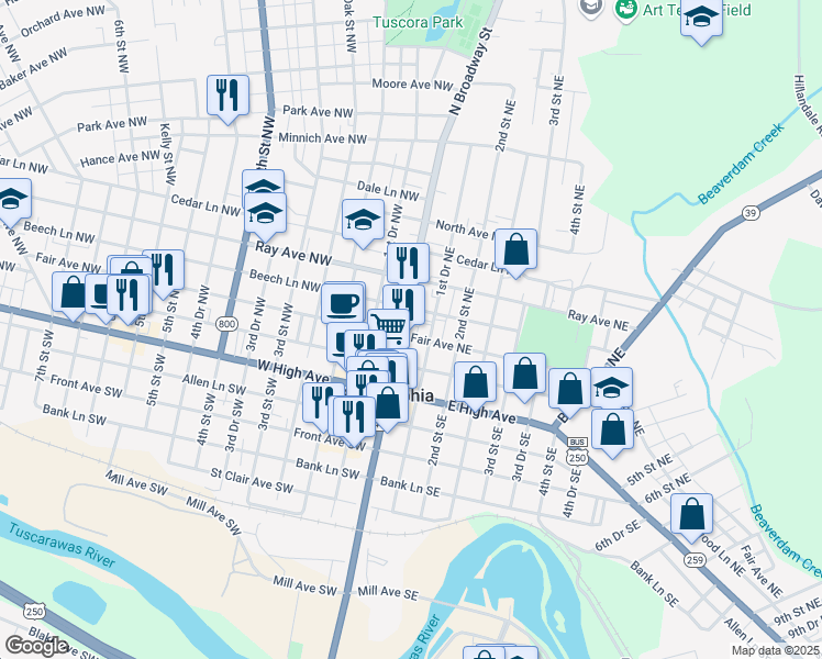map of restaurants, bars, coffee shops, grocery stores, and more near 205 North Broadway Street in New Philadelphia