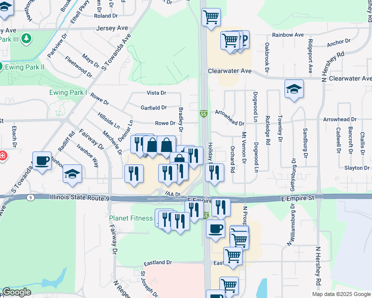 map of restaurants, bars, coffee shops, grocery stores, and more near 604 1/2 IAA Drive in Bloomington