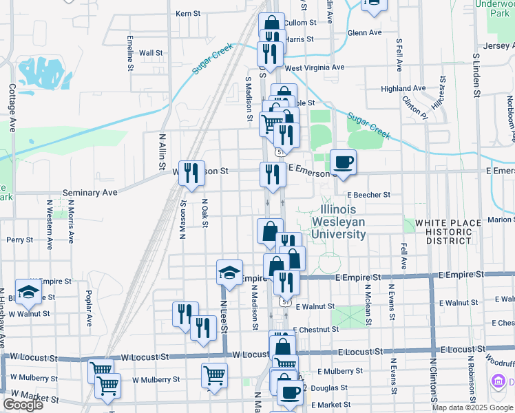 map of restaurants, bars, coffee shops, grocery stores, and more near 1308 North Main Street in Bloomington