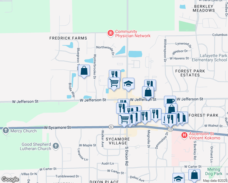 map of restaurants, bars, coffee shops, grocery stores, and more near 605 North Dixon Road in Kokomo