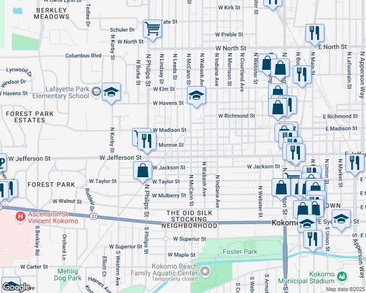 map of restaurants, bars, coffee shops, grocery stores, and more near 1015 West Monroe Street in Kokomo