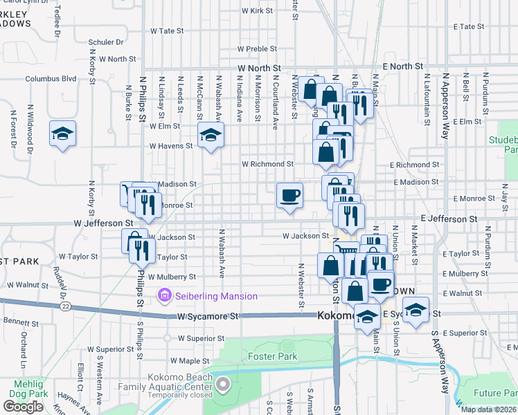 map of restaurants, bars, coffee shops, grocery stores, and more near 617 West Monroe Street in Kokomo