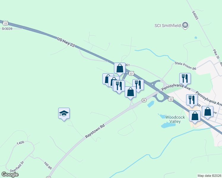 map of restaurants, bars, coffee shops, grocery stores, and more near 6678 Towne Center Boulevard in Huntingdon