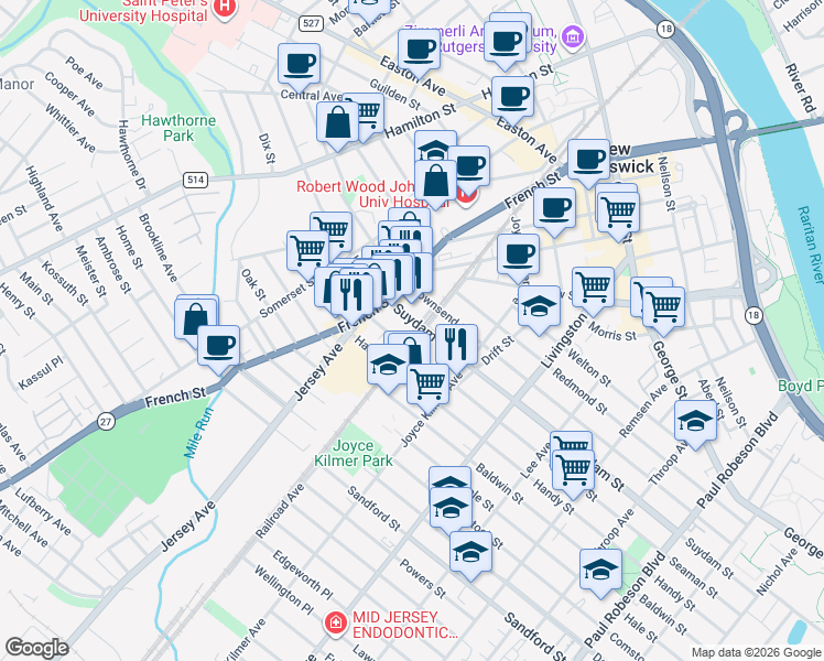 map of restaurants, bars, coffee shops, grocery stores, and more near 57 Railroad Avenue in New Brunswick
