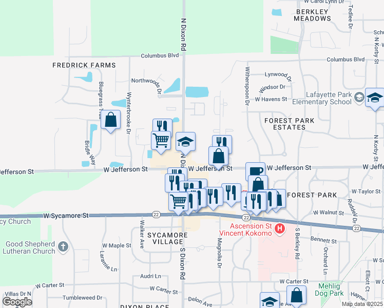 map of restaurants, bars, coffee shops, grocery stores, and more near 2326 West Jefferson Street in Kokomo