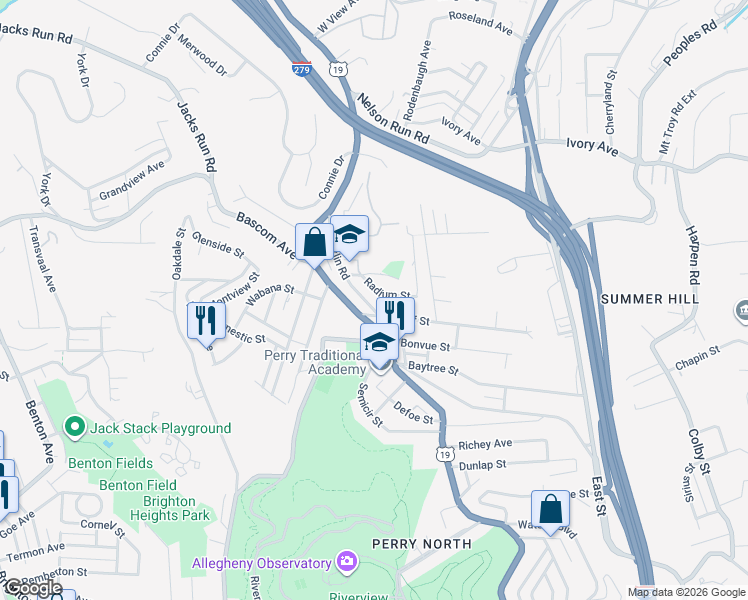 map of restaurants, bars, coffee shops, grocery stores, and more near 3936 Perrysville Avenue in Pittsburgh