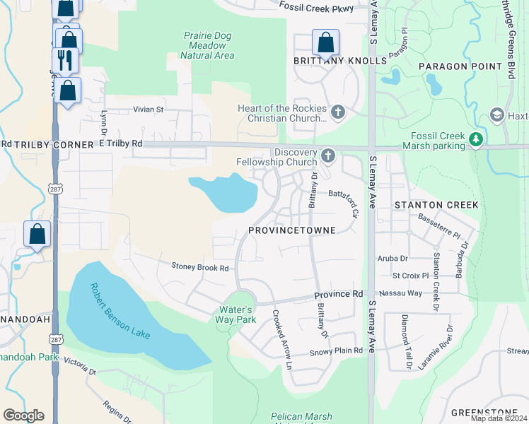 map of restaurants, bars, coffee shops, grocery stores, and more near 6809 Ivy Glen Way in Fort Collins
