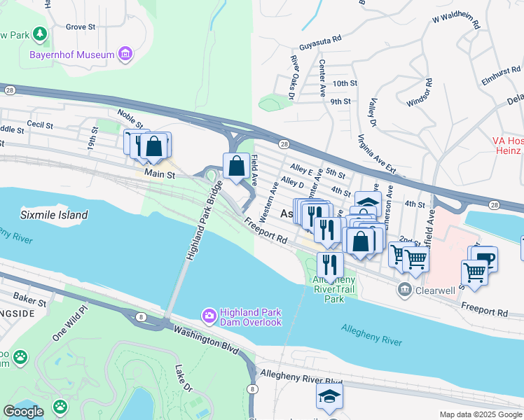 map of restaurants, bars, coffee shops, grocery stores, and more near 54 Freeport Road in Aspinwall
