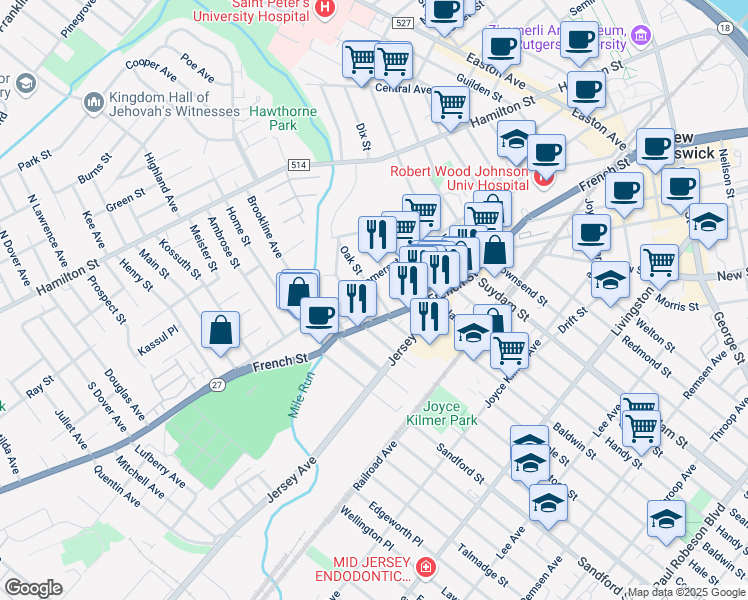 map of restaurants, bars, coffee shops, grocery stores, and more near 12 Oxford Street in New Brunswick