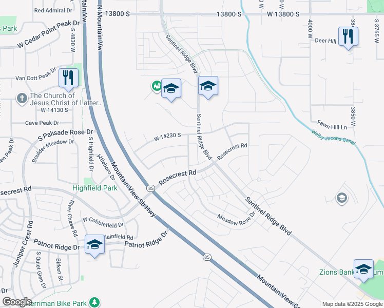 map of restaurants, bars, coffee shops, grocery stores, and more near 14287 Meadow Rose Drive in Herriman