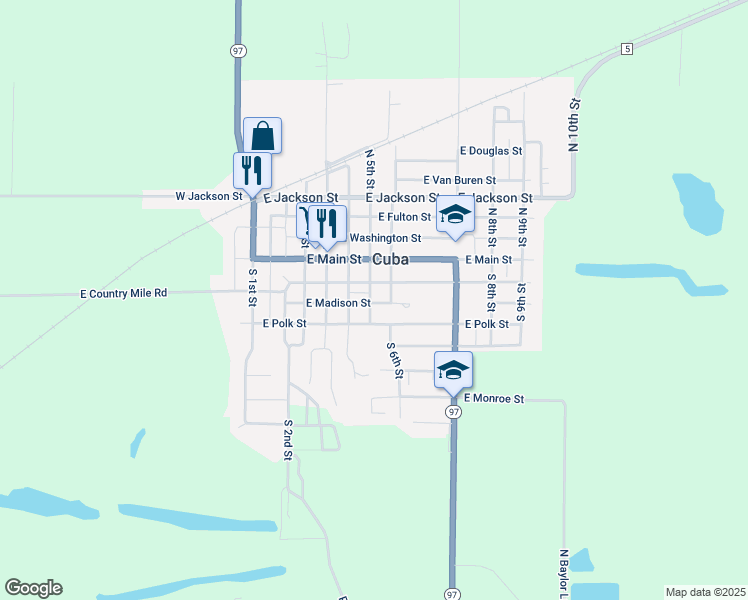 map of restaurants, bars, coffee shops, grocery stores, and more near 502 East Madison Street in Cuba